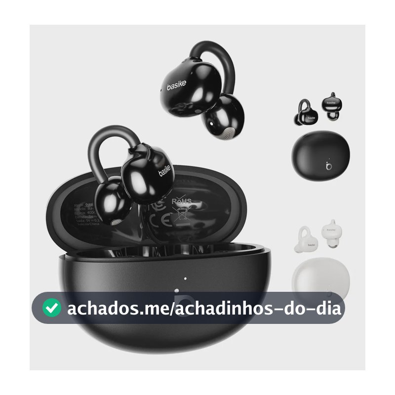 Basike Fone de Ouvido Sem Fio Ear-Clip Ba-FON349 Bluetooth 6.0 , Cancelamento de Ruídos, Estéreo, Bateria 30H, IPX5 Á Prova de Água, Ergonômico e Confortável, Música e Ligações
