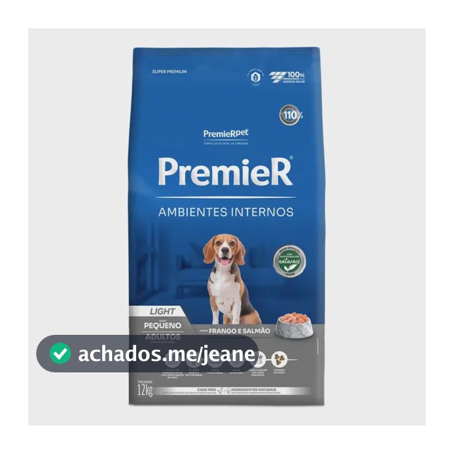Ração Premier Super Premium Ambientes Internos Cães Adulto Raças Pequenas Light Frango e Salmão 12kg
