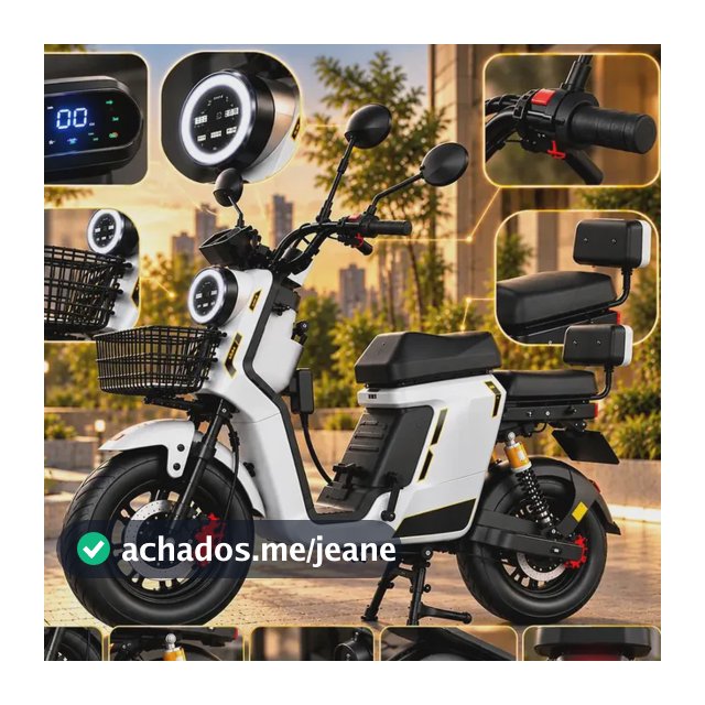 Moto Scooter Elétrica Branca 1000W Aro 10 Bateria Removível Painel Digital Bluetooth MP3 NFC 3 Velocidades Marcha Ré Freio a Disco Farol LED Cesta 2 Pessoas