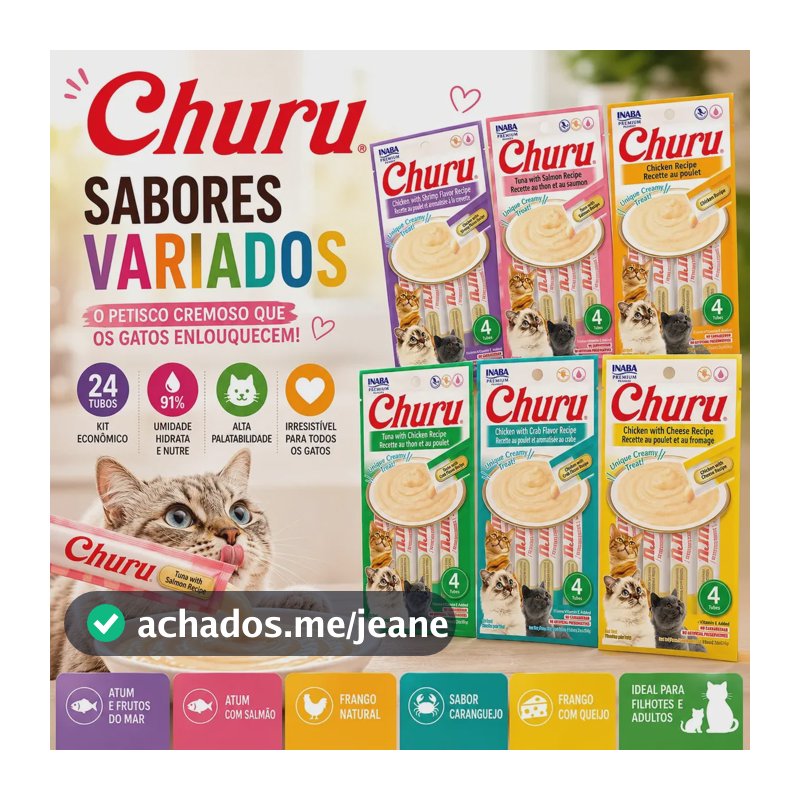 Churu para Gatos: Petisco Úmido com 6 Pacotes (24 Sachês) de Sabores Variados