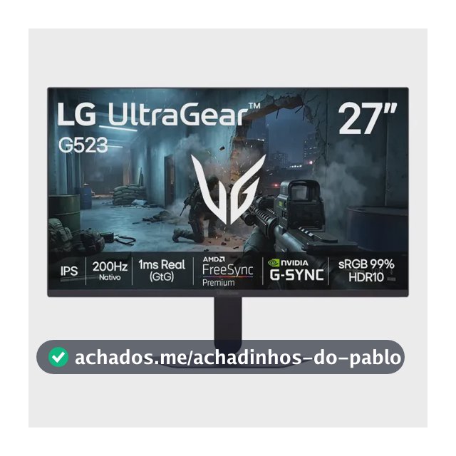 LG UltraGear Monitor Gamer 27" IPS 200Hz, 1ms (GtG), Full HD (1920x1080), HDR10, NVIDIA G-SYNC AMD, FreeSync Premium, sRGB 99%, Preto - 27G523B