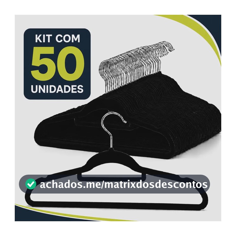 Kit 50 Cabides Veludo De Roupa Antideslizante Slim Adulto Preto