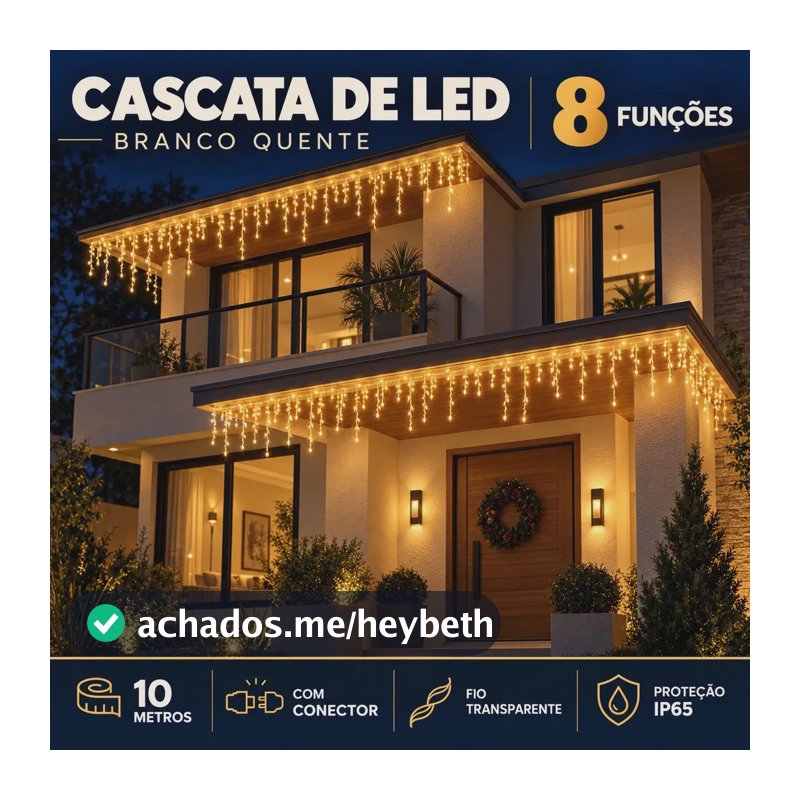 10m Cascata 400 Leds 8 Funções Luzes Natal Pisca Prova Dágua Branco-quente 110v