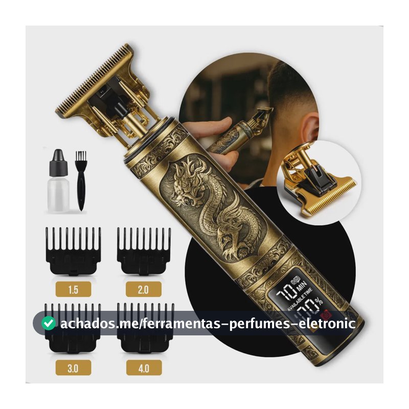 Maquina De Cortar Cabelo Barbear Sem Fio Maquininha Dragão Elétrica Aparador De Pelos Acabamento Depilador 4 Pentes Intimo Masculino Motor Recarregável Usb Tipo C Dourado Nixzen
