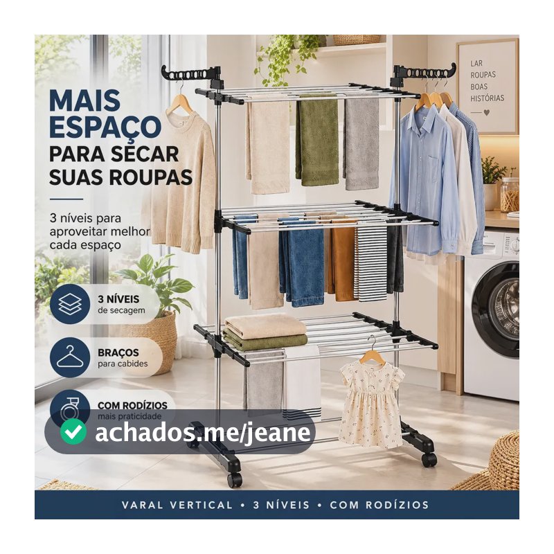 Varal Vertical de Chão 3 Níveis com Rodízios e Braços para Cabides Dobrável Grande para Roupas Preto e Prata