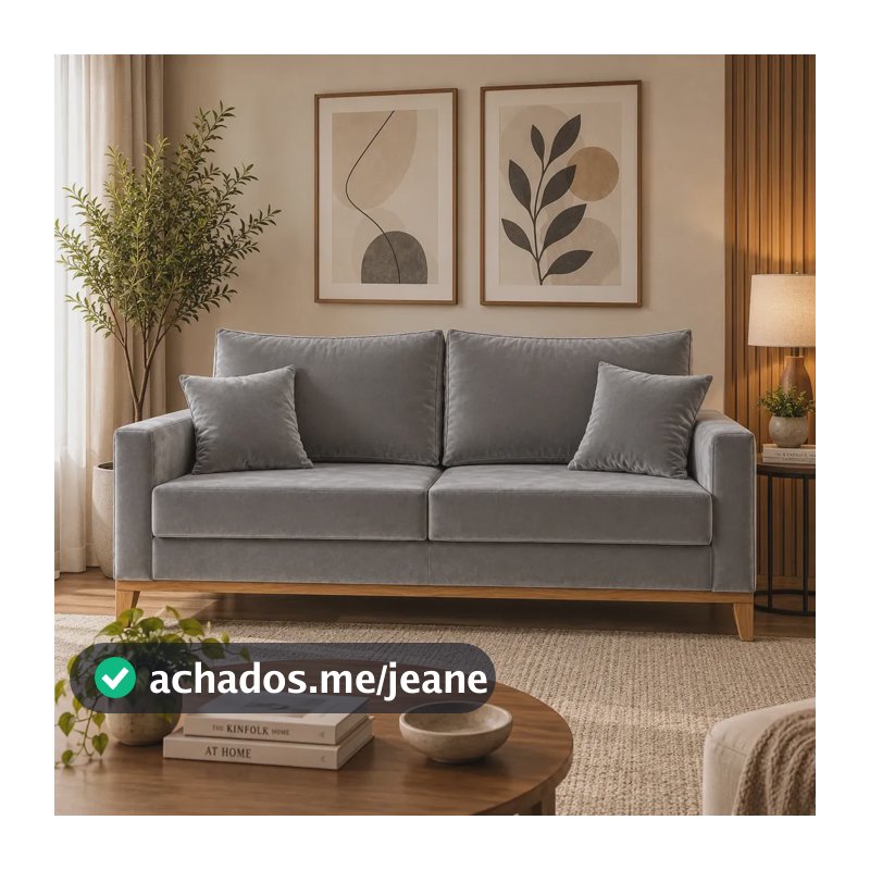 Sofá Luxo 3 Lugares 1,80m Veludo Nobre Cinza Confortável com 2 Almofadas Decorativas Pés de Madeira Ideal Para Sala, Escritório e Recepção