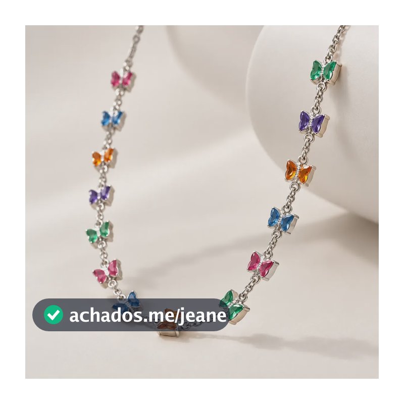 Colar Borboleta Feminino Prata 925 Zirconia Colorido Prateado