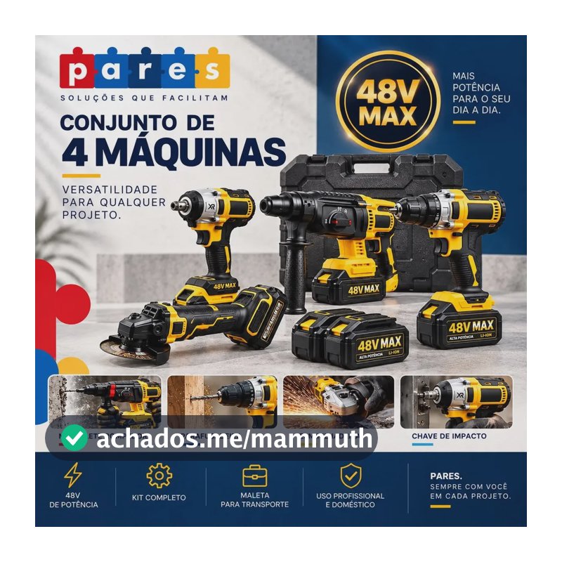 Kit Multiferramentas PARES 4 em 1 48V Sem Fio com 2 Baterias e Maleta Furadeira Parafusadeira Esmerilhadeira Martelete