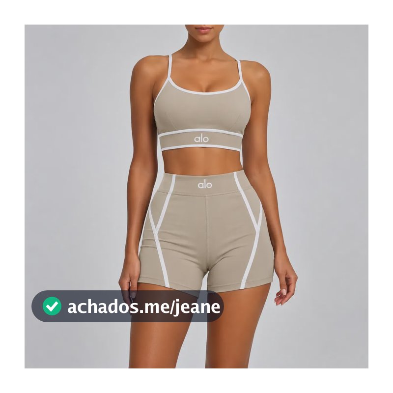 Conjunto Fitness Feminino Yoga Alo Top E Shorts Meia Coxa Bege Lisa P/m