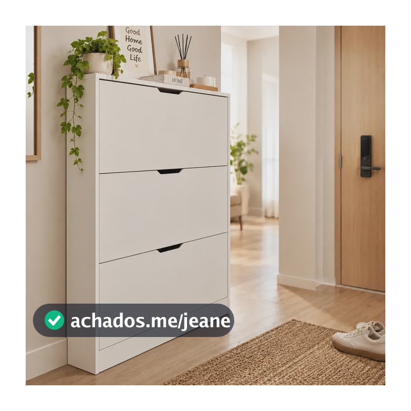 Sapateira Vertical 3 Portas Basculantes Mdf Slim 17cm White, 3 Levels, 70 Cm Wide