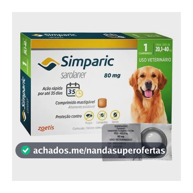 Zoetis Simparic 80mg Antipulgas Carrapatos Cães 20-40kg 1 Comprimido