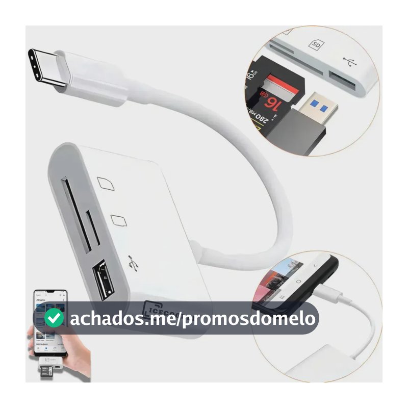 Adaptador Usb Tipo C Leitor De Cartão De Memória 3 Em 1 Usb 3.0 Sd Micro Sd Otg Compatível Com iPhone 15 16 17 Android Samsung Notebook Macbook Velocidade Rápida De Fotos Vídeos Branco Ice Coorel Ic10