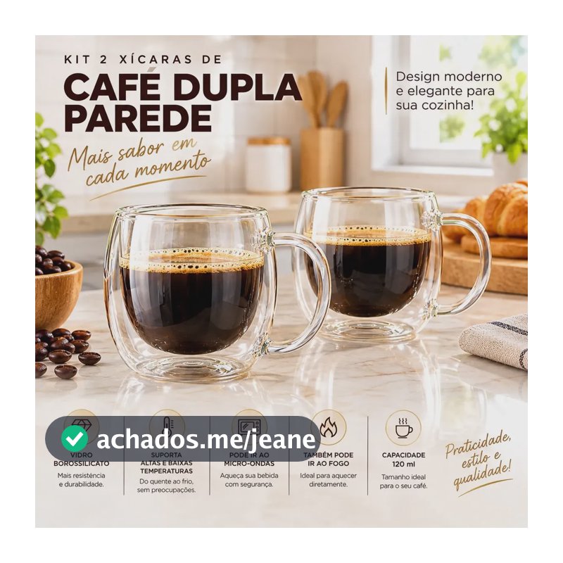Kit 2 Xícara De Café De Camada Dupla 85ml Vidro Água Coração