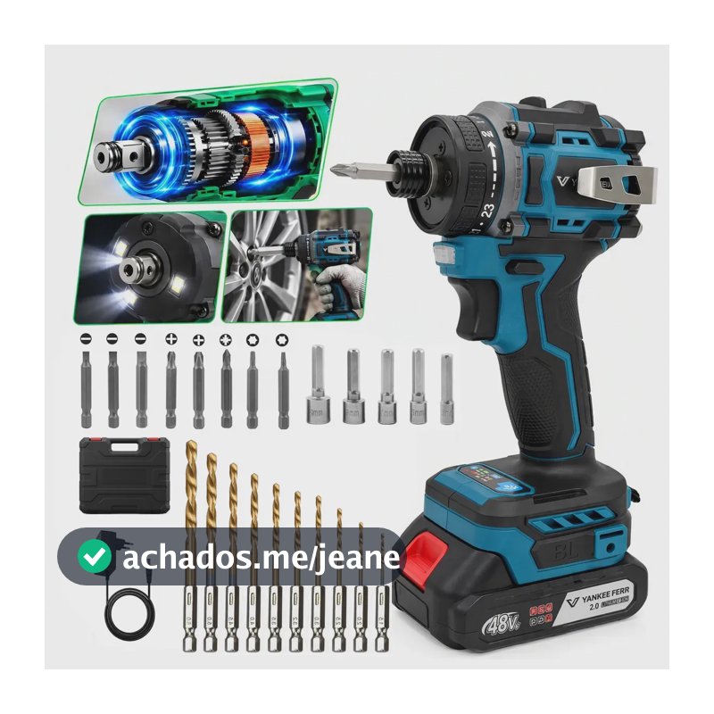 Parafusadeira de Impacto Profissional Sem Fio com Bateria, Maleta e 23 Acessórios (Brocas e Bits)