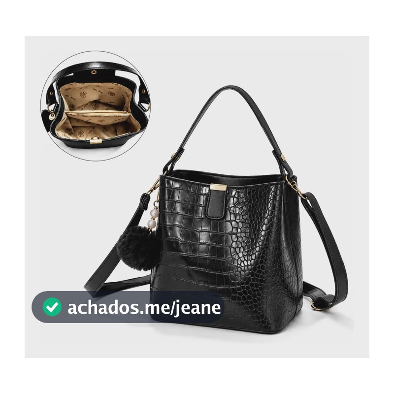 Bolsa Feminina De Ombro E Transversal Em Couro Pu Croco Preto Croco Dourado