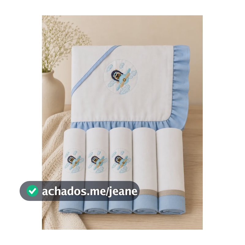 Kit Enxoval Bebê Bordado Manta E 5 Fralda Boca Maternidade Azul