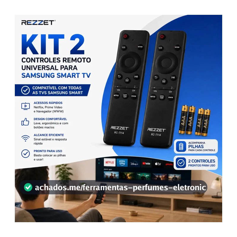 Kit 2 Controle Remoto Para TV Samsung Smart Universal Teclas Compatível Netflix Prime Video YouTube + 4 Pilhas