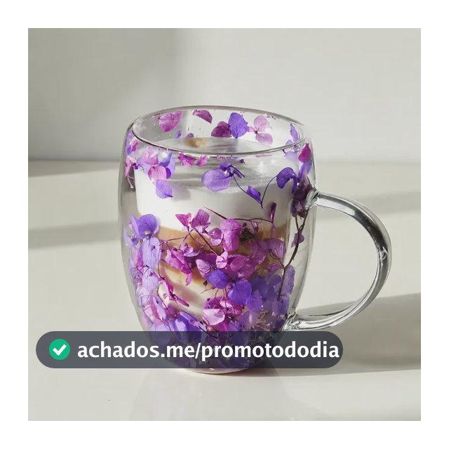 Xícara Flores Folhas Secas Caneca Parede Dupla Vidro 300ml Lilás Flores