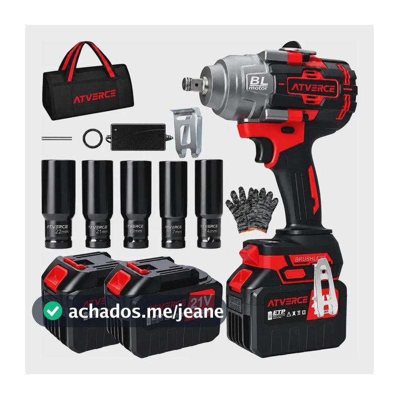 Chave de Impacto Elétrica 1/2 Polegada a Bateria 21V Sem Fio 1600Nm com 2 Baterias Recarregáveis para Pneus, Porcas e Manutenção Automotiva