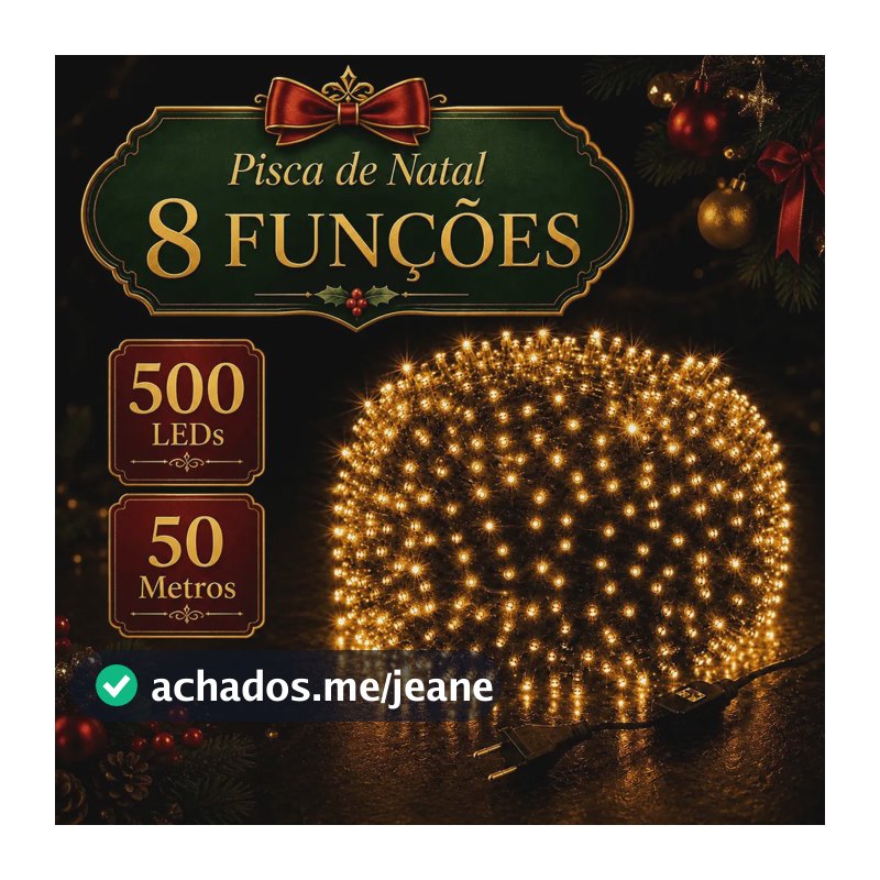 Cordão Pisca Pisca 50m Com 500 LEDS 8 Funções Bivolt Luz Branco Quente