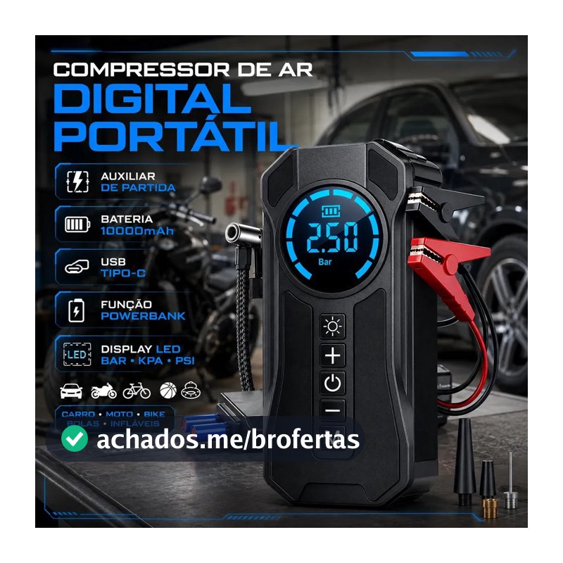Mini Compressor De Ar Portátil Bateria Emergência Ignição Automotiva Potente Preto Compacto