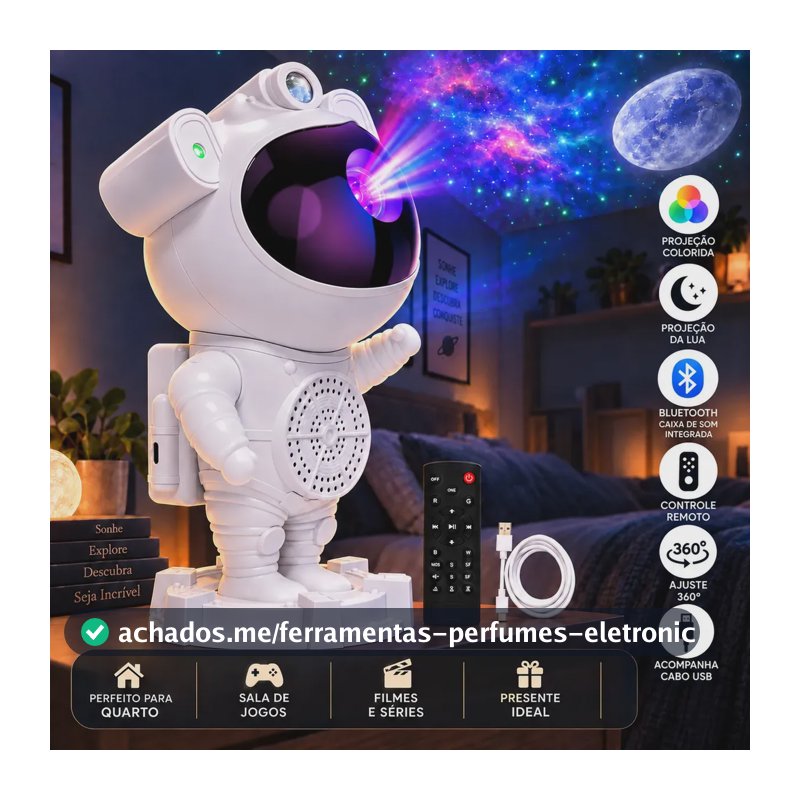 Luminária Astronauta Lua Galáxa Estrela Led Bluetooth Efeitos Coloridos Caixa de Som Integrado 360° Ajustável Controle Remoto Perfeito para Dormir Luminaria de Mesa