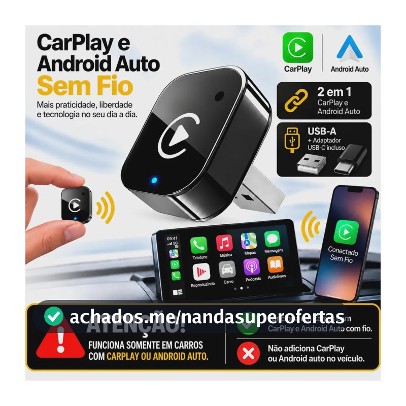 Adaptador CarPlay Sem Fio Android Auto 2 em 1 Compatível Carro Som Multimídia Portátil Plug And Play Automático Usb Wireless Automotivo Kateluo