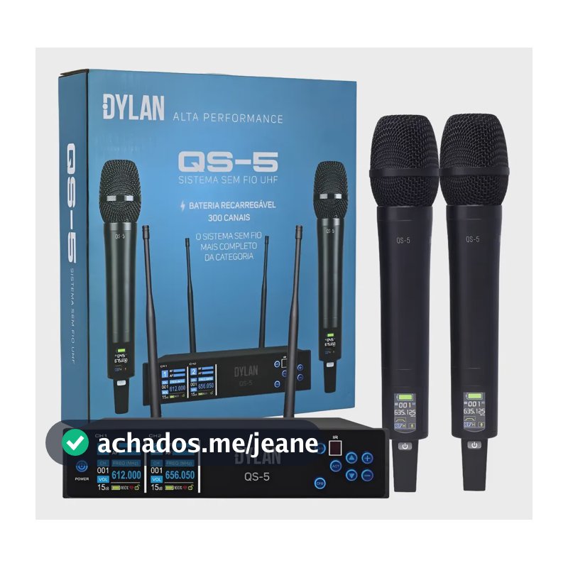 Microfone Sem Fio Duplo Dylan Qs5 Profissional 300 Canais Preto