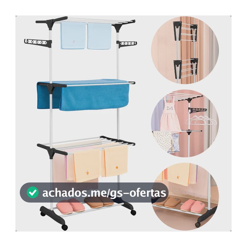 Varal Dobrável De Chão 3 Andares De Roupas Grande Com Rodinha Resistente Durável Irsina