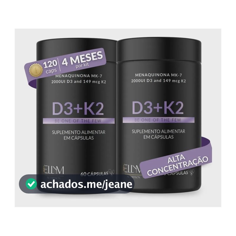 Kit 2 Vitamina D3 K2 Mk7 Capsulas 2000ui 149mcg Menaquinona 7 Colecalciferol Alta Concentração Máxima Absorção Pura D K Ellym Nutrition