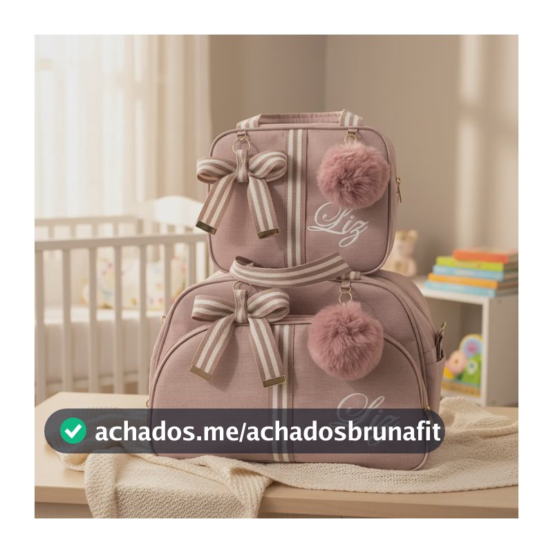 Bolsas  Maternidade Média E Pequena Personalizada Com Nome Rose Linho