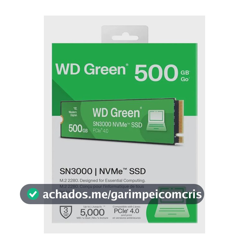 SSD WD Green SN3000, 500GB, M.2 2280, PCIe NVMe, Leitura 5000MB/s, Gravacao 4100MB/s, WDS500G4G0E