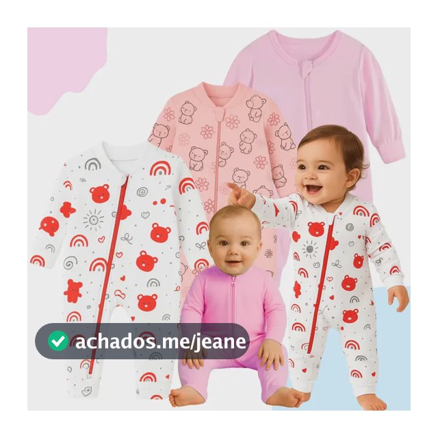 Kit 3 Macacão Bebê Liso Estampado Zíper Menino Menina Invern