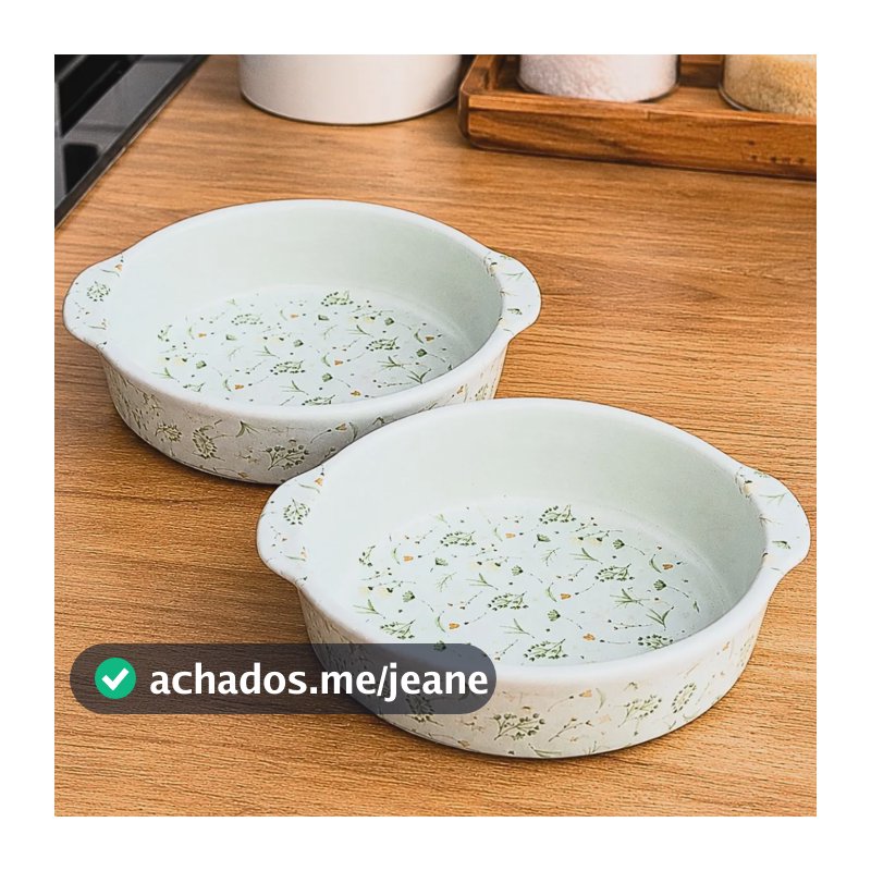 Kit 2 Travessas Refratária C/ Alças Porcelana Decorada 20cm Branco C/ Arabescos