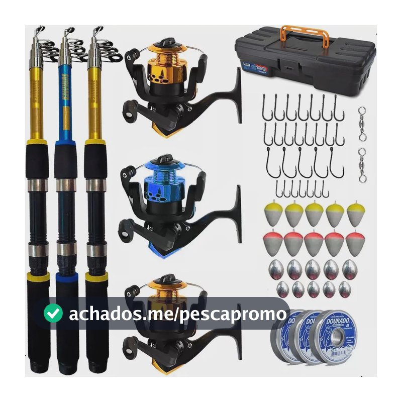 Kit Pesca Triplo Vara Jaú Pesca + Molinete + Acessórios Completo