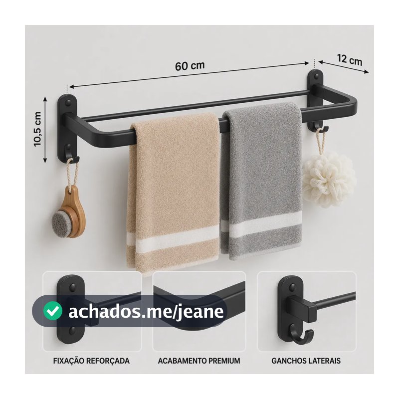 Porta Toalha Para Banheiro De Parede Preto Fosco 60cm Com Ganchos Suporte Toalheiro Simples