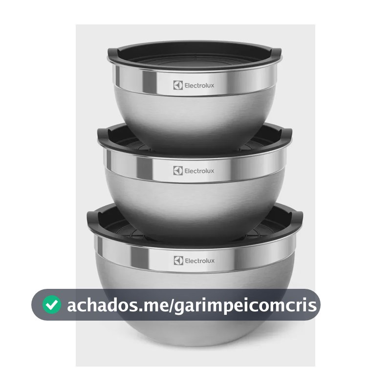 Electrolux Kit 3 Bowls Tigelas de Aço Inox com Tampa Plástica, 1,4L, 2L e 2,6L