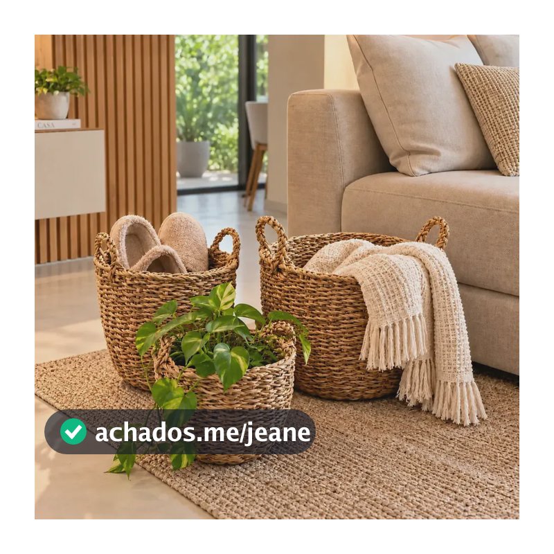 Kit 3 Cestos de Palha Natural Algas Marinhas Artesanal Seagrass com Alças Cachepô Decorativo Boho Chic Natal Organizador Multiuso para Plantas Toalhas Acessórios Sala Quarto Varanda Escritório Loja