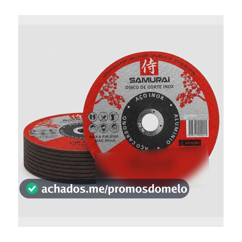 Kit 10 Discos Corte Aço Inox 7 Pol 180x1,6x22 Samurai Vermelho