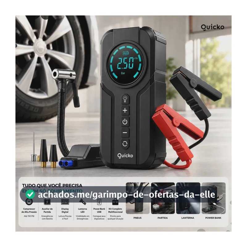 Bomba De Ar Elétrica Portátil Compressor Calibrador De Pneus Digital Para Carro Moto Bicicleta Inflador Recarregável Auxiliar De Partida Bateria Power Bank Celular Emergência Automotiva Quicko