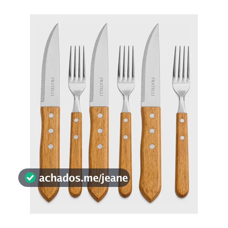 Jogo Talheres Jumbo Churrasco inox 6 Peças Garfo Faca Cabo Madeira Aço Inox Churrasco Profissional