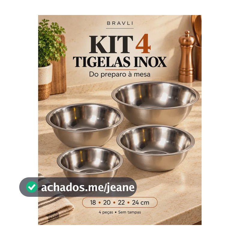 Kit 4 Tijelas Bowls Inox Bacia Saladeira Multiuso Cozinha Conjunto Vasilha Premium 18 + 20 + 22 + 24cm Bravli