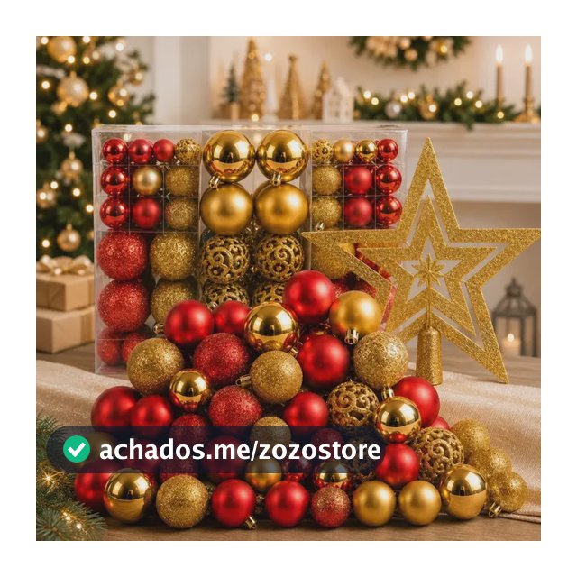 Kit 100 Bolas + Estrela Pendentes P/ Decoração Árvore De Natal Bolinhas Dekasa Premium Lisas/foscas/glitter - Mesclado Vermelho E Dourado