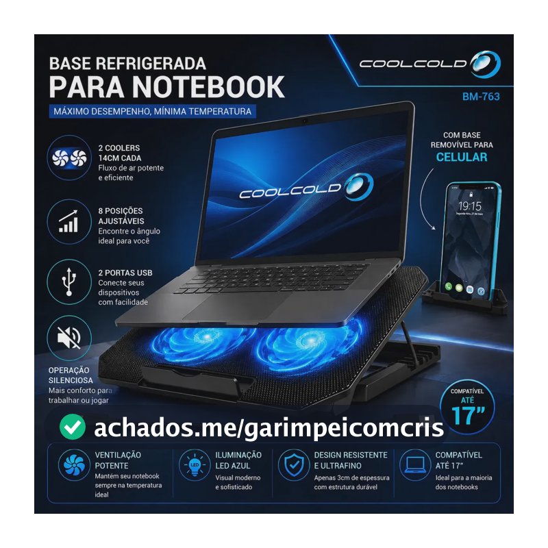 Suporte Notebook Coolcold Com 2 Cooler Ventoinhas Base Mesa Led Refrigerada Ventilação Silenciosa Cor Preto Led Azul Laptop Notebook Até 17 Polegadas