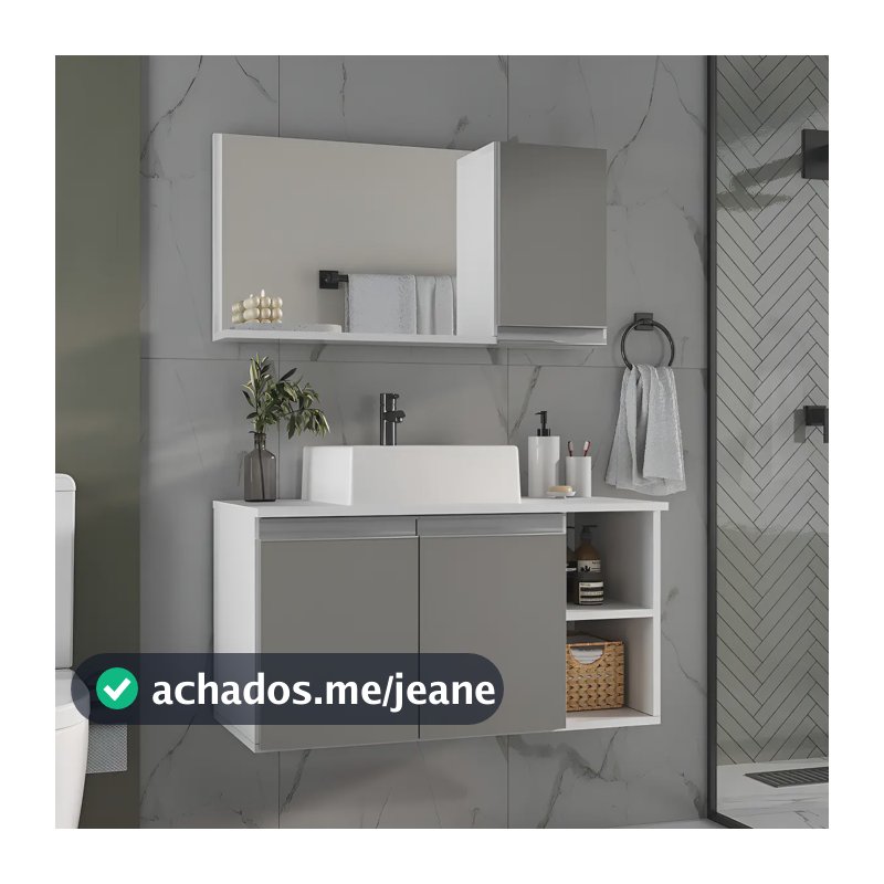 Móveis Joia gabinete armario banheiro virtus 80cm puxador aluminio cor da pia branca cor do móvel branco cinza