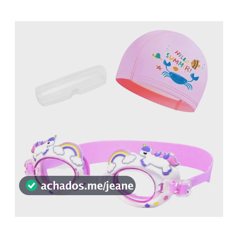 Kit Touca Óculos Natação Piscina Infantil Crianças Desenhos Cor Rosa Unicórnio Hello Summer