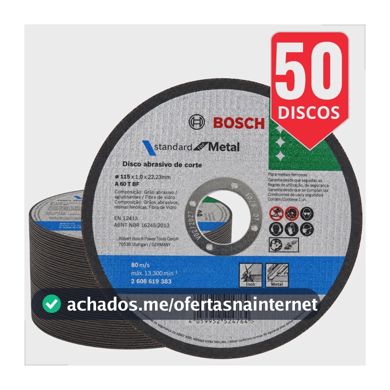Kit 50 - Disco De Corte Bosch 4.1/2 115mm Aço Inox Metal Azul