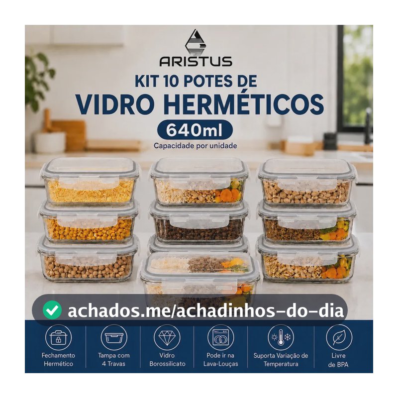 Kit 10 Potes Vidro Hermético Aristus 640ml Marmita Anti Vazamento Forno Micro-ondas Freezer Tampa 4 Travas - Cinza