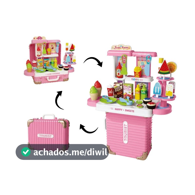 Bancada Confeitaria Brinquedo Infantil 3 em 1 Maleta 38 Peças Sorvete Picolé Acessórios Maxi Toys