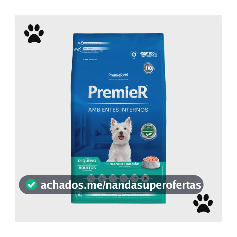 Ração Premier Ambientes Internos Cães Adultos Raças Pequenas Frango e Salmão 2,5 kg